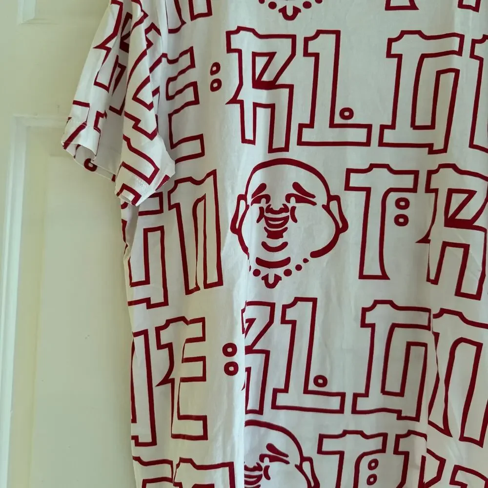 True Religion T-Shirt Mens Large‎ White Red All Over Print Buddha Graphic Y2K